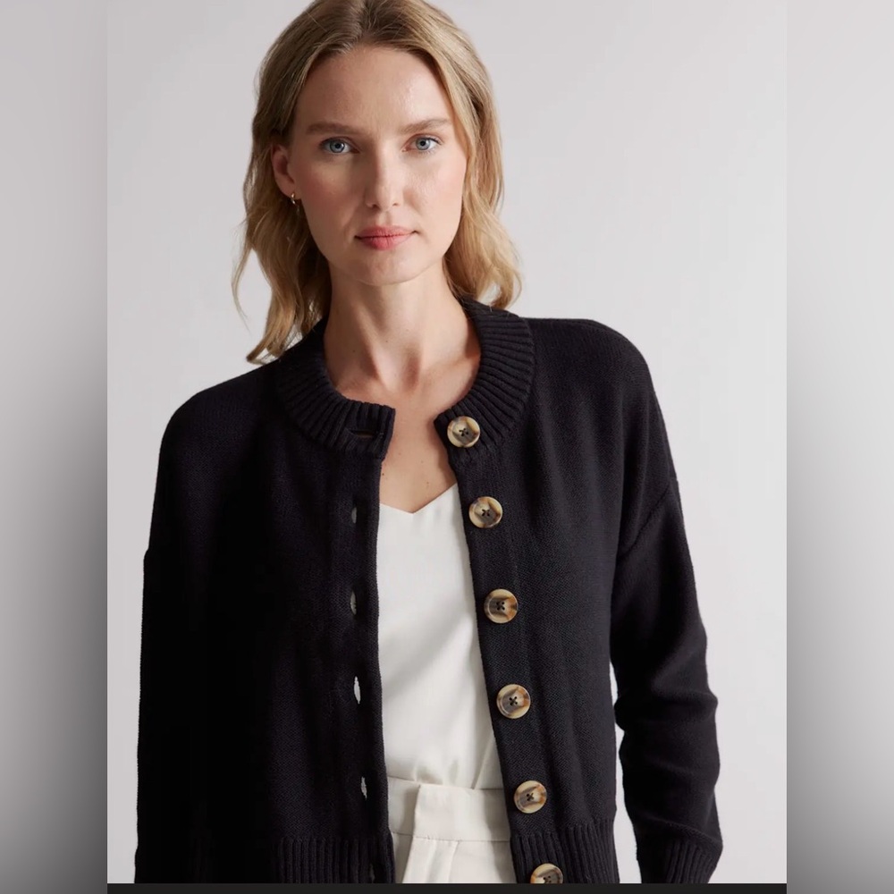 QUINCE Cropped Cardigan Sweater 100% Organic Cotton NAVY BLUE